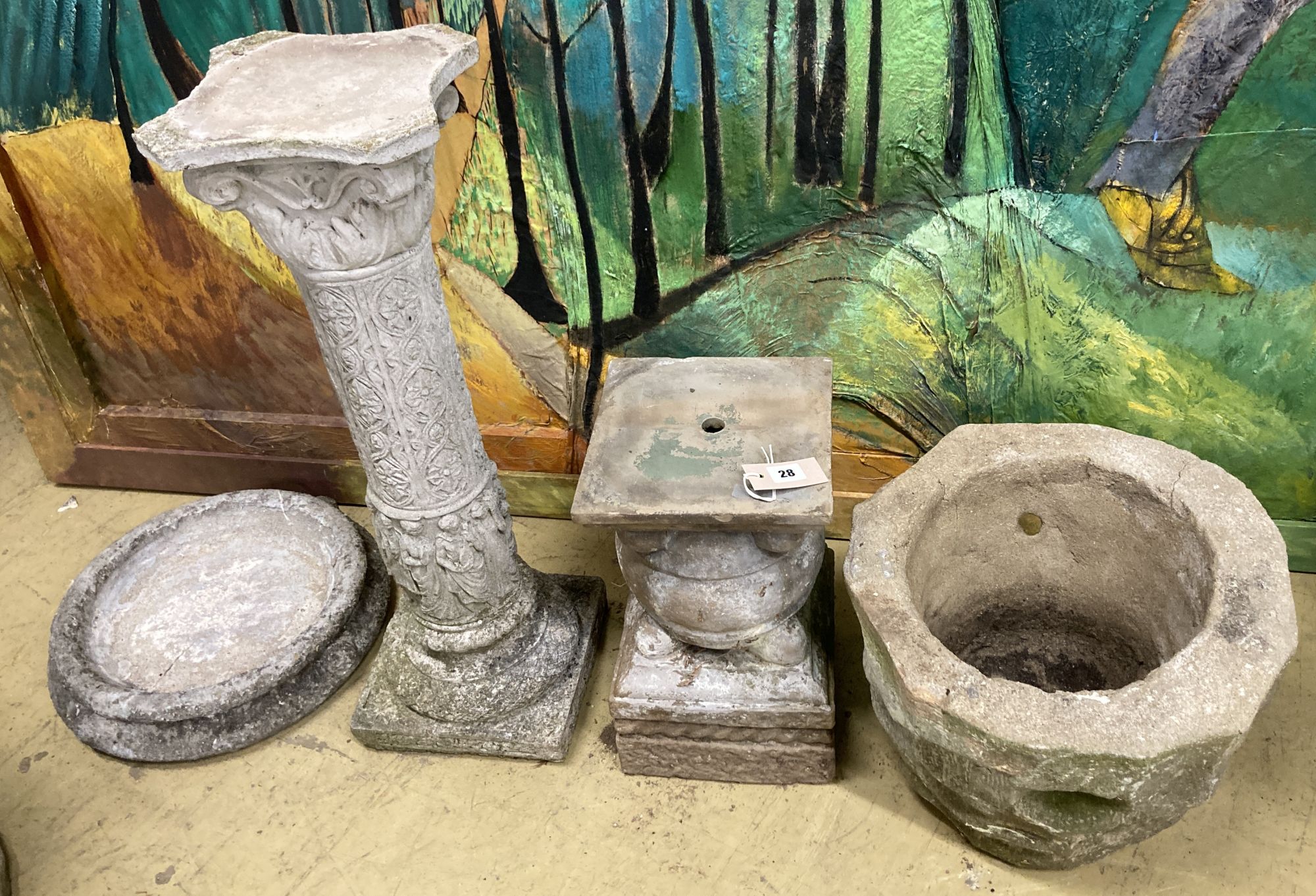 A reconstituted stone garden bird bath, 40cm diameter, height 78cm, a planter and a plinth